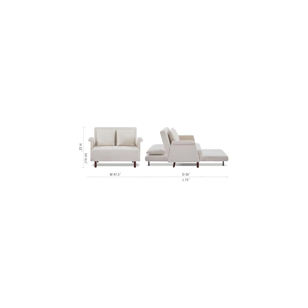 47.5"Convertible Sofa Bed,3 in1 Loveseat Sleeper Sofa with Adjustable Backrest,2 Pillows,Soft Velvet Upholstery, Space Saving Couch for Living Room,Apartment, Bedroom,Guest Room (Beige)
