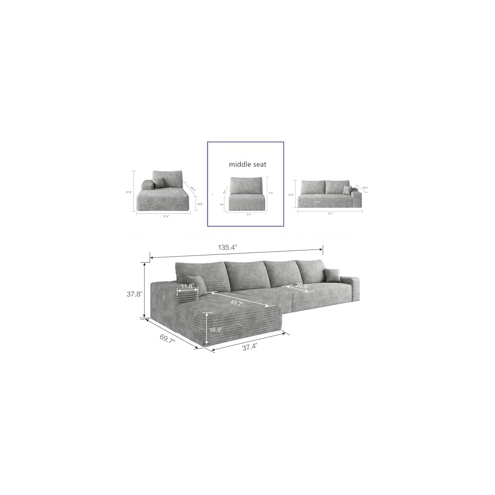 Compression Single Seat Sofa - 27.9" Modular Sectional Middle Seat Module, Corduroy Upholstery, No Assembly Required,Grey