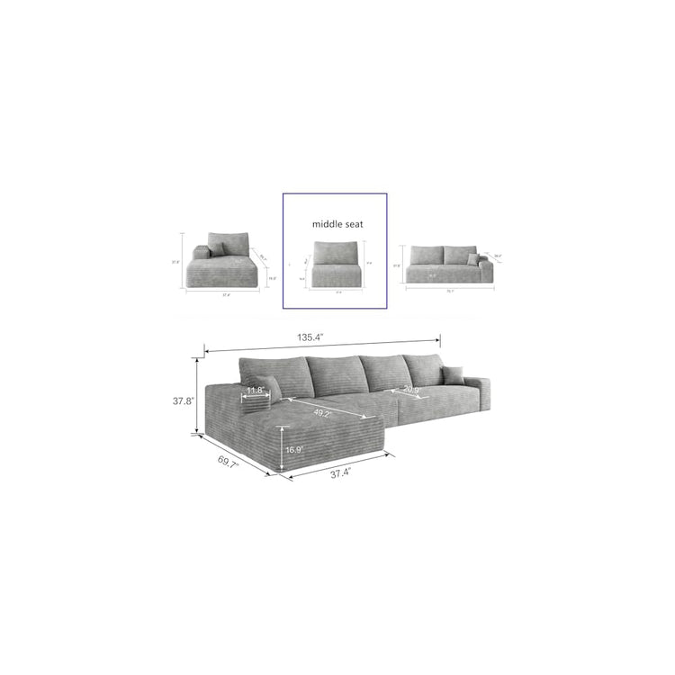 Compression Single Seat Sofa - 27.9" Modular Sectional Middle Seat Module, Corduroy Upholstery, No Assembly Required,Grey