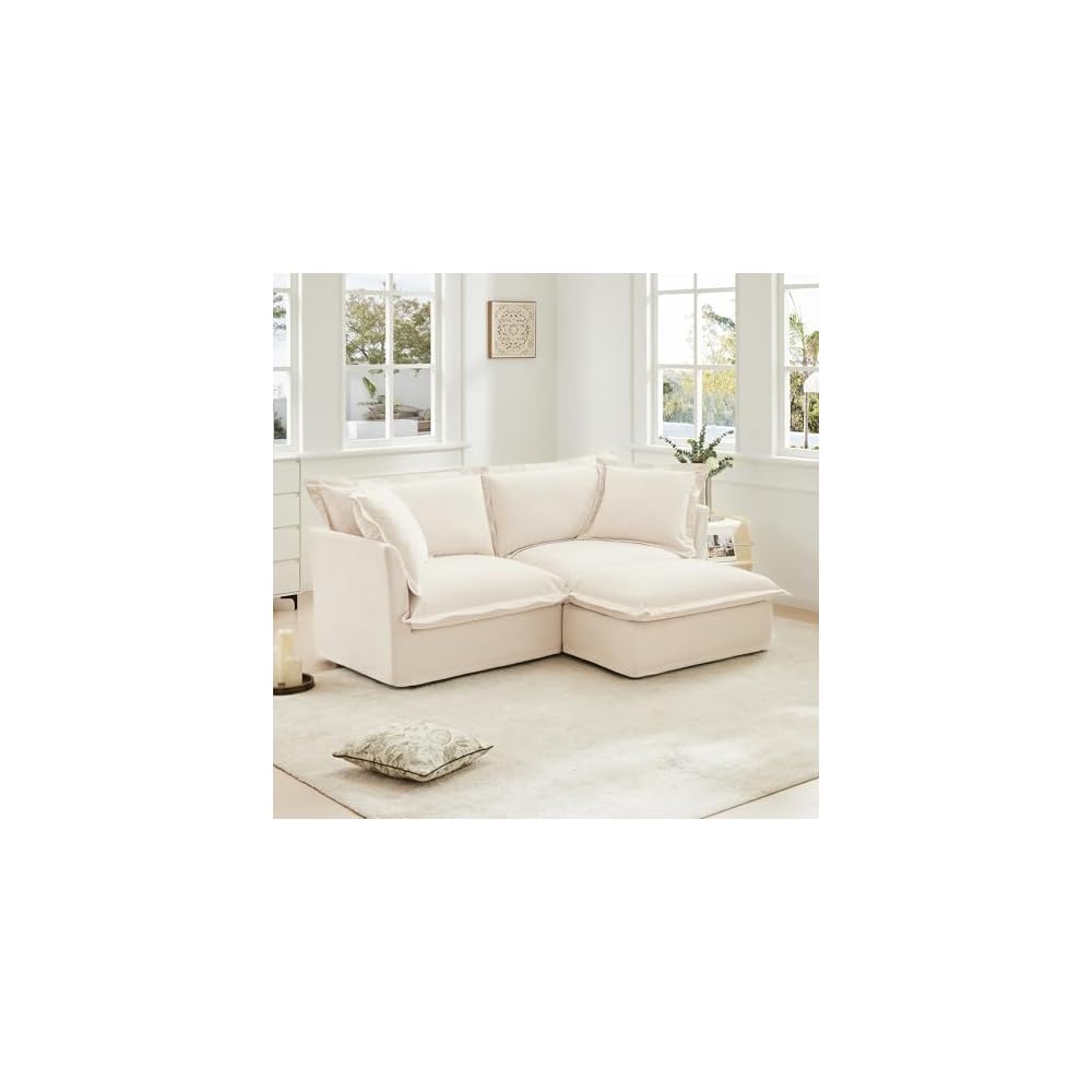 Aoowow Oversized Modular Sectional Sofa with Movable Ottoman,83.4” L-Shaped Comfy 2-Seat Sofa Couch Upholstered Deep Seat Couches with Big Toss Pillows for Living Room Apartment Office,Cream-Chenille