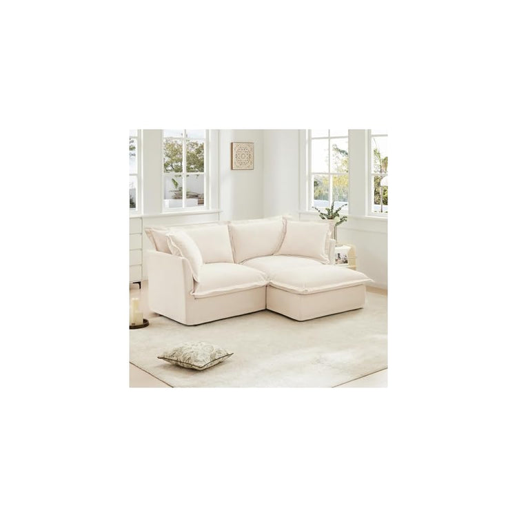 Aoowow Oversized Modular Sectional Sofa with Movable Ottoman,83.4” L-Shaped Comfy 2-Seat Sofa Couch Upholstered Deep Seat Couches with Big Toss Pillows for Living Room Apartment Office,Cream-Chenille