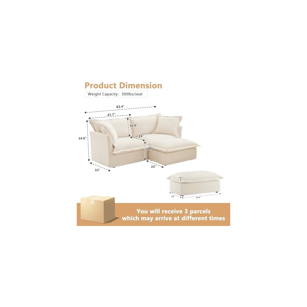 Aoowow Oversized Modular Sectional Sofa with Movable Ottoman,83.4” L-Shaped Comfy 2-Seat Sofa Couch Upholstered Deep Seat Couches with Big Toss Pillows for Living Room Apartment Office,Cream-Chenille