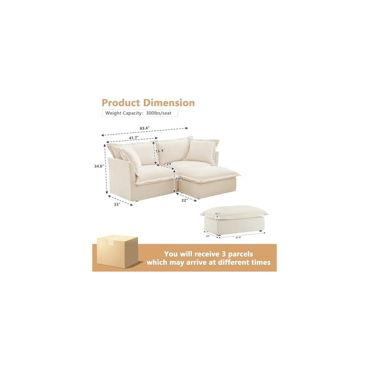 Aoowow Oversized Modular Sectional Sofa with Movable Ottoman,83.4” L-Shaped Comfy 2-Seat Sofa Couch Upholstered Deep Seat Couches with Big Toss Pillows for Living Room Apartment Office,Cream-Chenille
