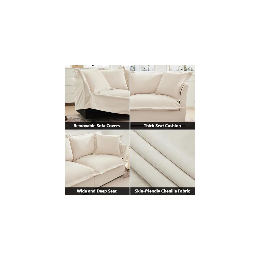 Aoowow Oversized Modular Sectional Sofa with Movable Ottoman,83.4” L-Shaped Comfy 2-Seat Sofa Couch Upholstered Deep Seat Couches with Big Toss Pillows for Living Room Apartment Office,Cream-Chenille