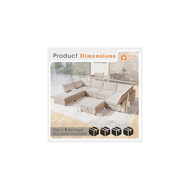 128" 8 Seat U Shaped Oversized Sectional Sleeper Sofa Modular Sectional Sofa with Storage Removable Washable Covers, Oversized Spacious Couches for Living Room, Apartment, Loft, Beige