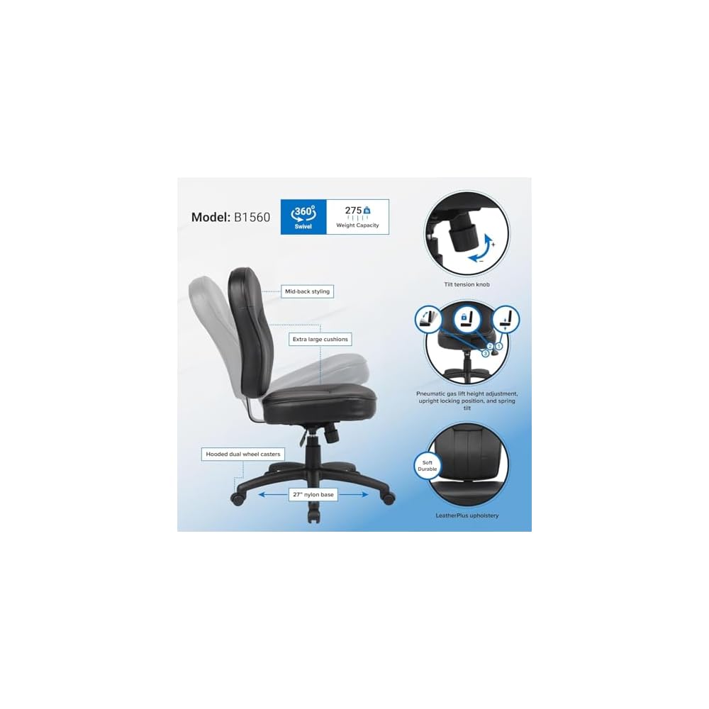 Leather Adjustable Task Chair Without Arms Black Ergonomic Swivel Office Seat Pneumatic Height Control Lumbar Support Compact Rolling Desk Chair for Home Office Computer Study or Reception