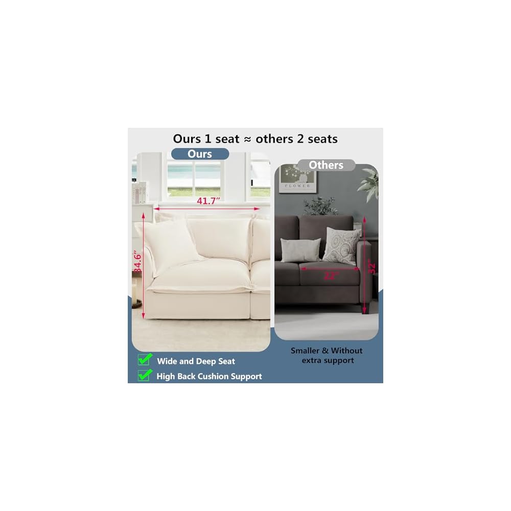 Aoowow Oversized Modular Sectional Sofa with Movable Ottoman,83.4” L-Shaped Comfy 2-Seat Sofa Couch Upholstered Deep Seat Couches with Big Toss Pillows for Living Room Apartment Office,Cream-Chenille