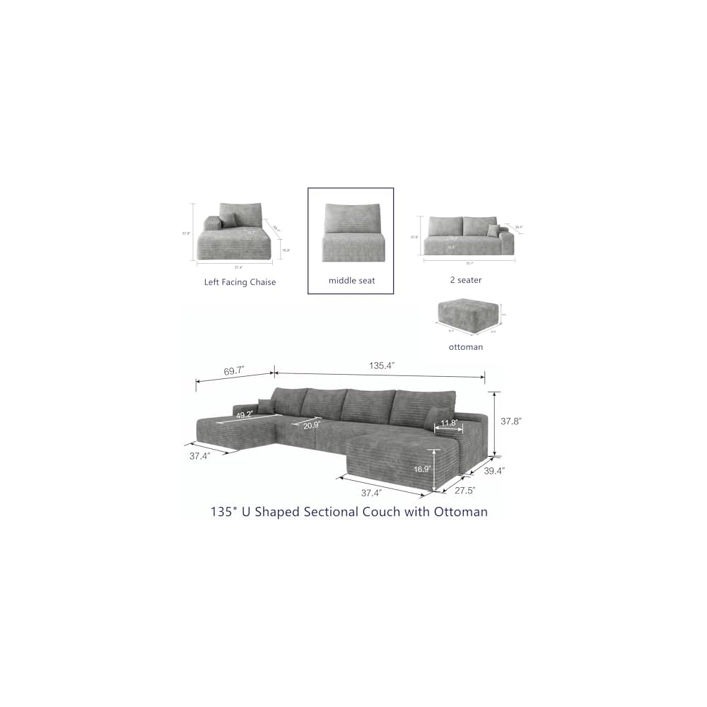 Compression Single Seat Sofa - 27.9" Modular Sectional Middle Seat Module, Corduroy Upholstery, No Assembly Required,Grey