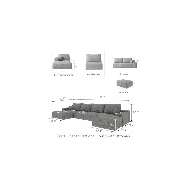 Compression Single Seat Sofa - 27.9" Modular Sectional Middle Seat Module, Corduroy Upholstery, No Assembly Required,Grey