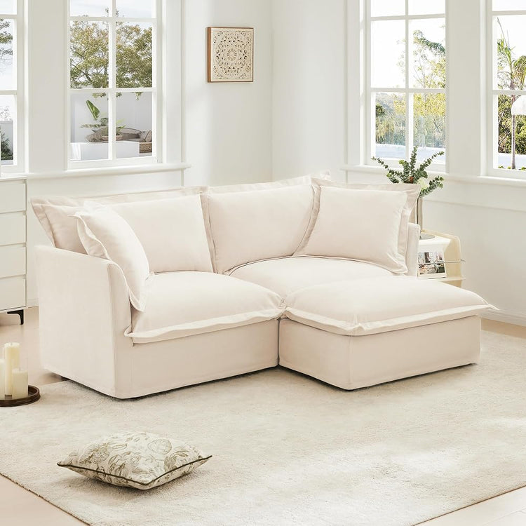 Aoowow Oversized Modular Sectional Sofa with Movable Ottoman,83.4” L-Shaped Comfy 2-Seat Sofa Couch Upholstered Deep Seat Couches with Big Toss Pillows for Living Room Apartment Office,Cream-Chenille