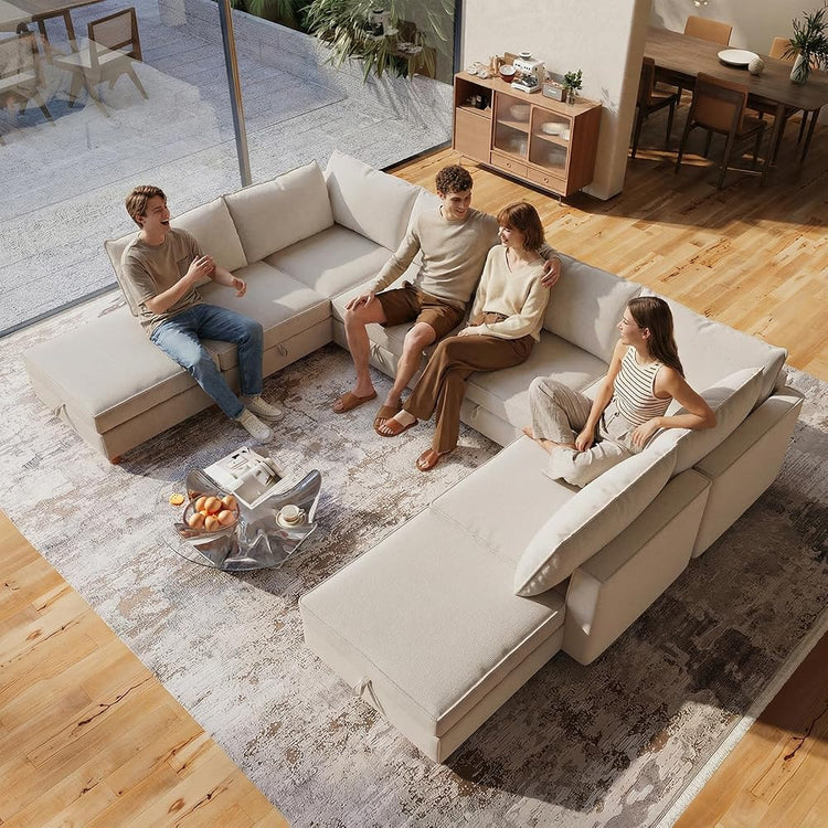 128" 8 Seat U Shaped Oversized Sectional Sleeper Sofa Modular Sectional Sofa with Storage Removable Washable Covers, Oversized Spacious Couches for Living Room, Apartment, Loft, Beige